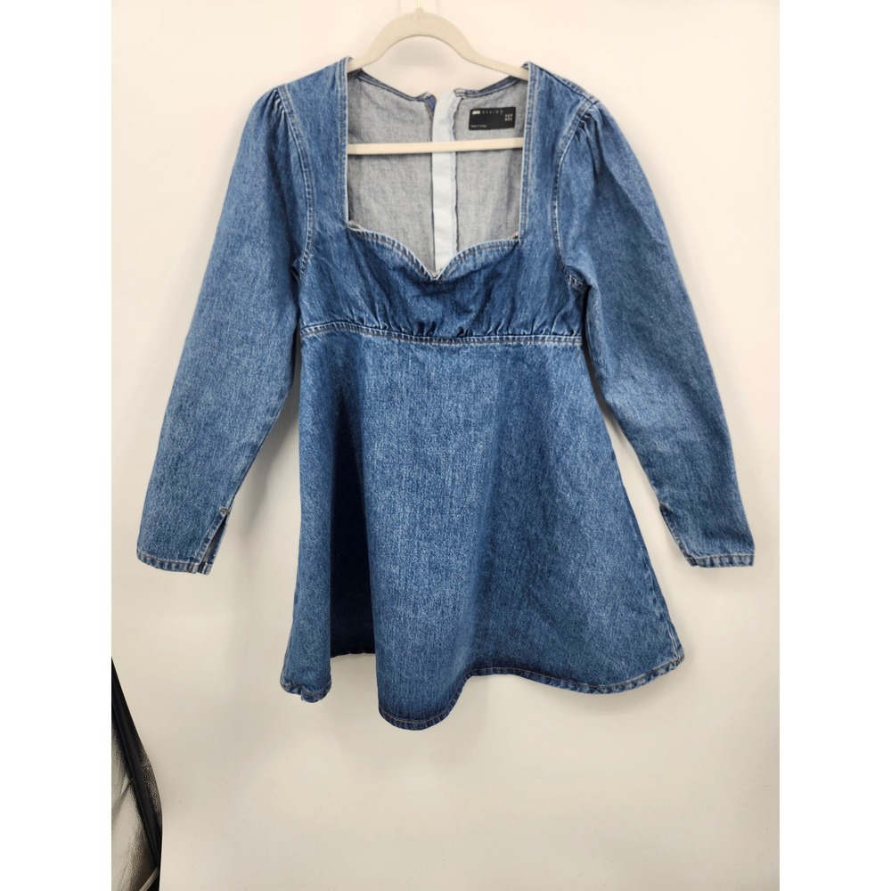 ASOS DESIGN Denim Mini Dress Womens 10 Blue Excellent Long Sleeve Square Neck